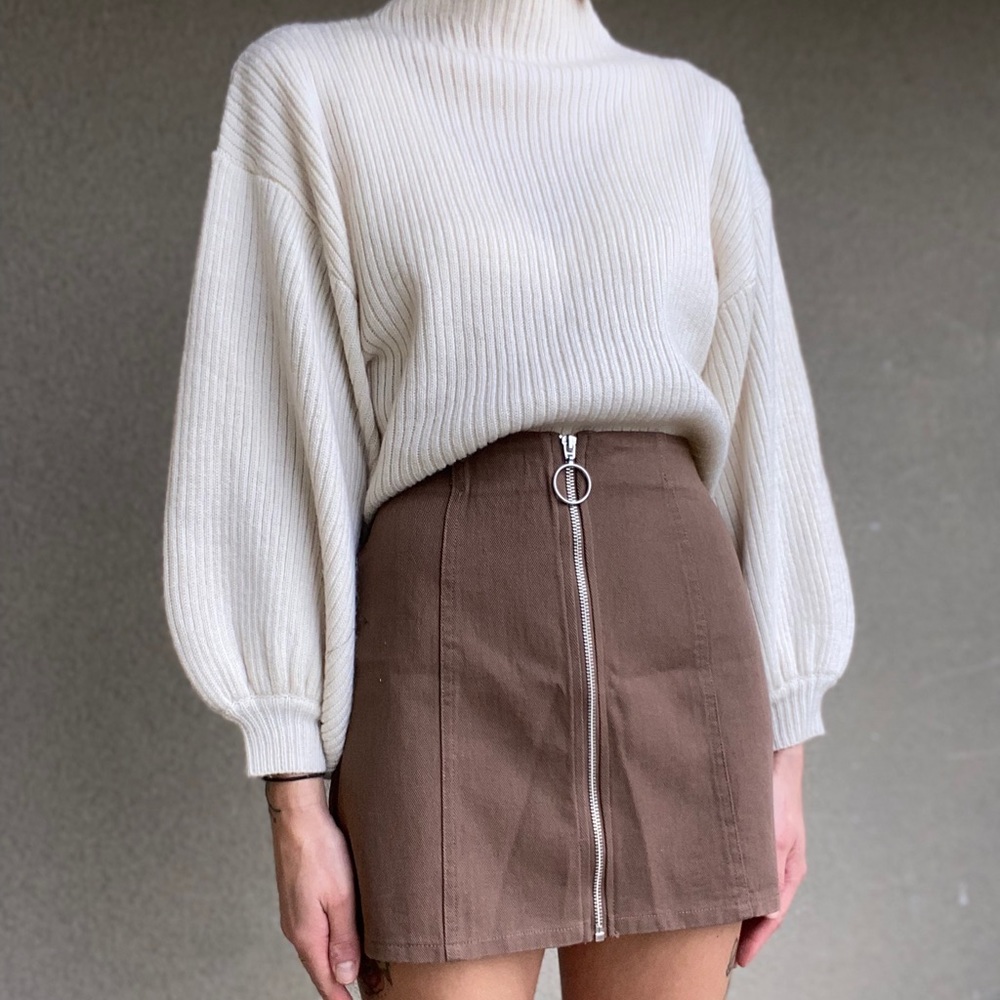Brown denim mini skirt with O ring zipper
